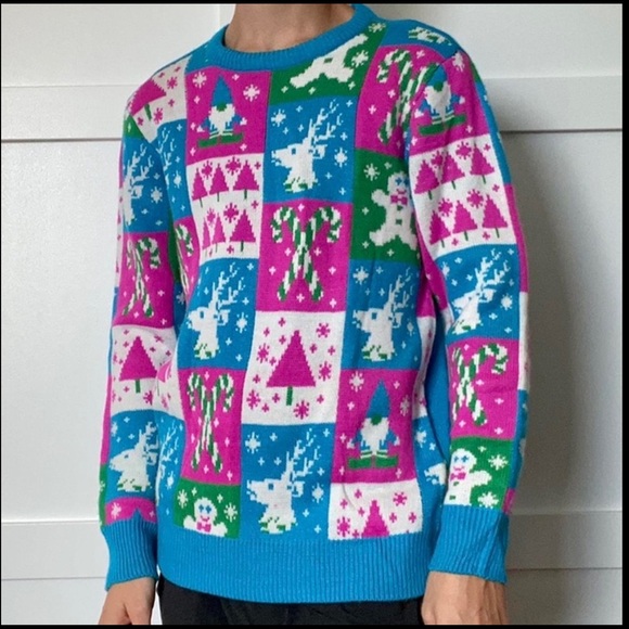 Party Sweater December 25th Vintage Neon Patchwork Ugly Christmas Sweater L - Picture 7 of 7